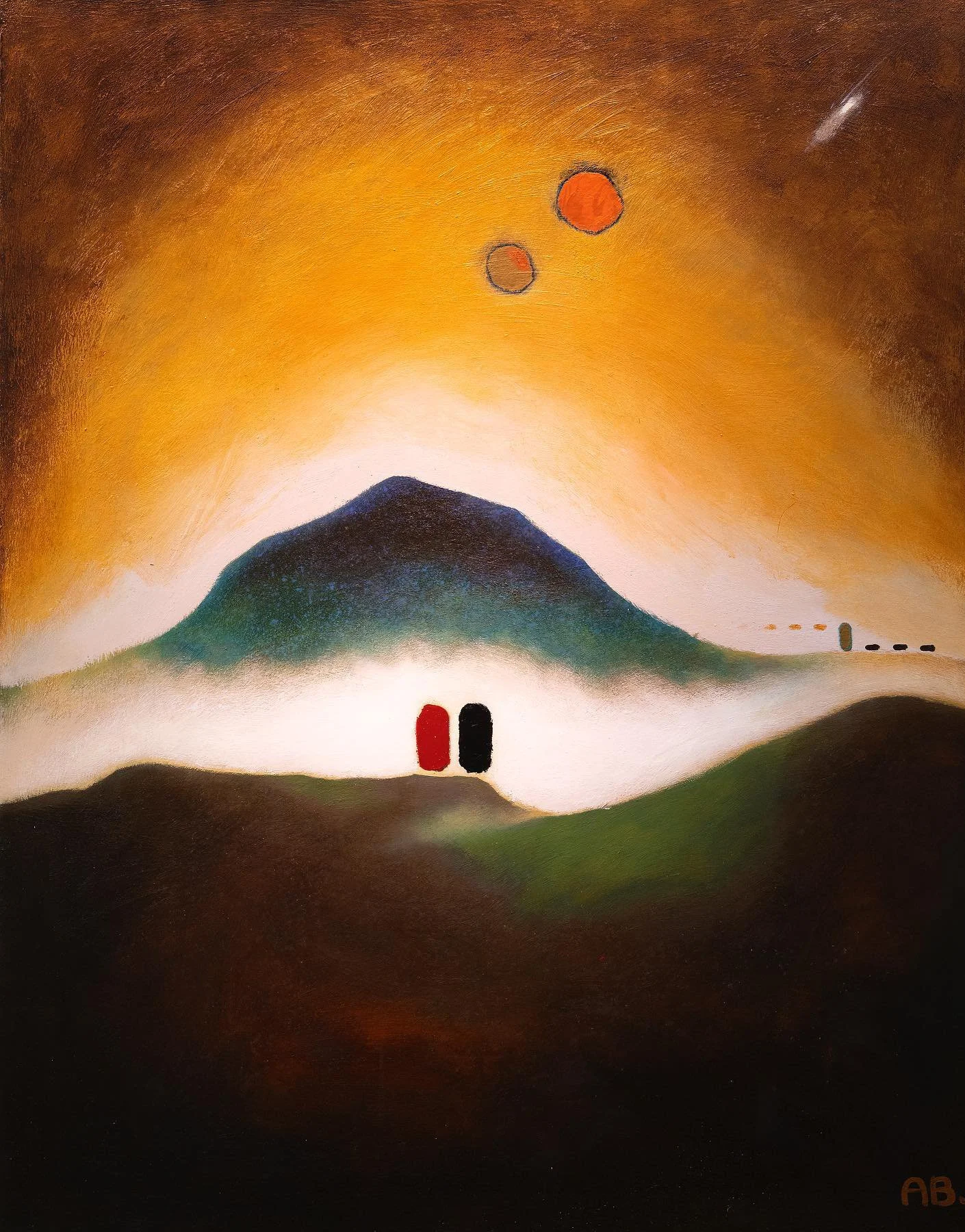 An abstract painting of a mountain with a glowing sky in shades of orange and yellow, two small red and black figures in front, two red circles in the sky, and a bright streak in the top right corner.
