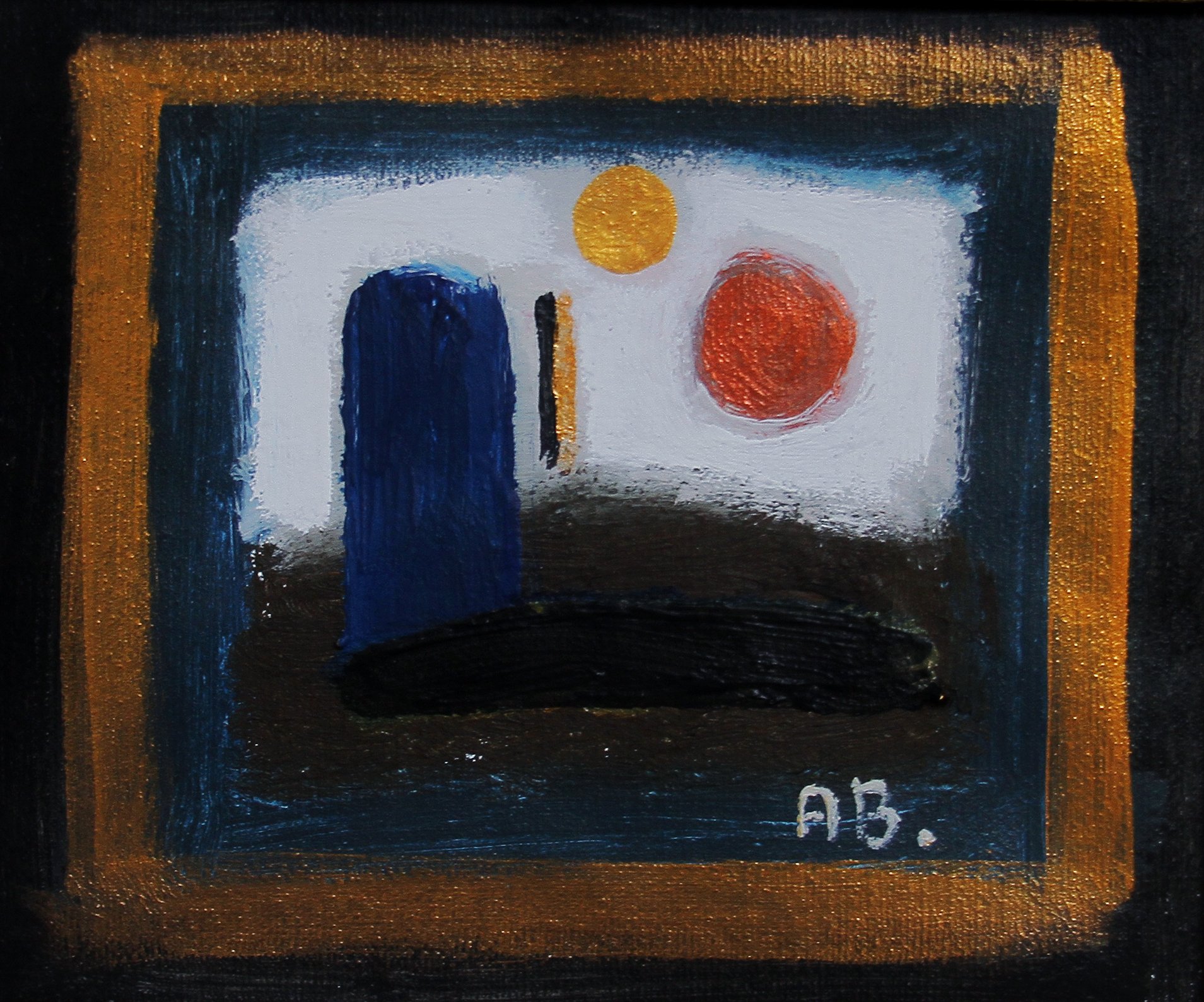 Abstract painting featuring a dark blue arch shape, a yellow circle, a red circle, and black rectangular shapes within a gold-bordered square frame.
