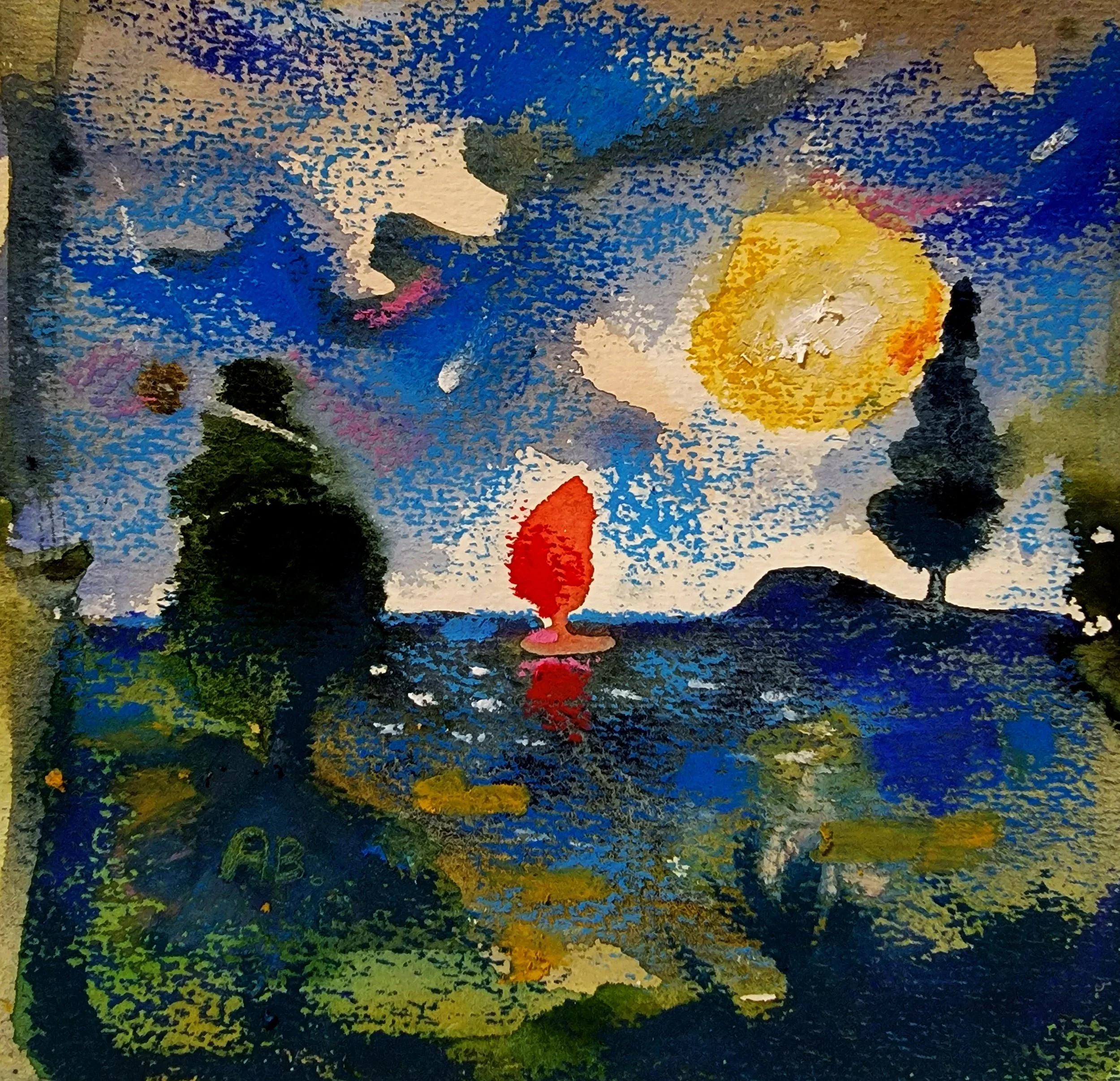Abstract watercolor painting of a sunset over the ocean with a yellow sun, blue sky, dark silhouettes of islands or rocks, and a red boat reflection in the water.