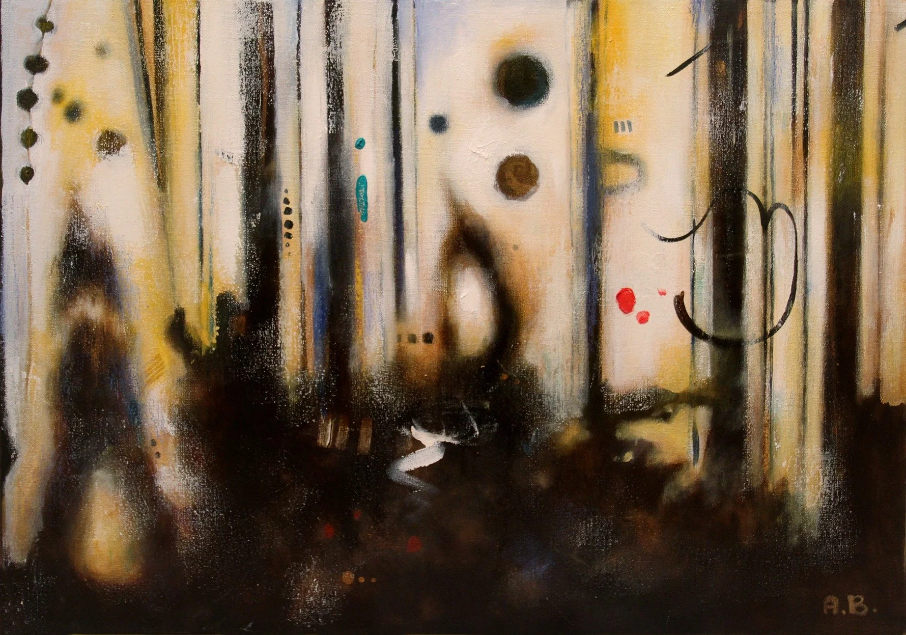 An abstract painting with vertical streaks in shades of yellow, brown, black, and white, with various dots and curved lines scattered across it.