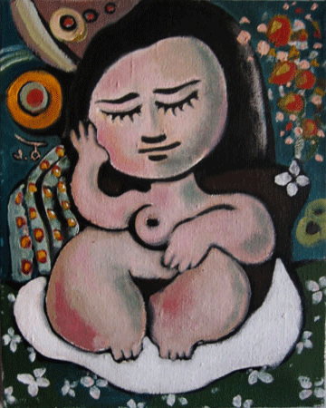A colorful abstract painting of a seated nude woman with black hair, closed eyes, and a serene expression, surrounded by vibrant patterns and flowers.