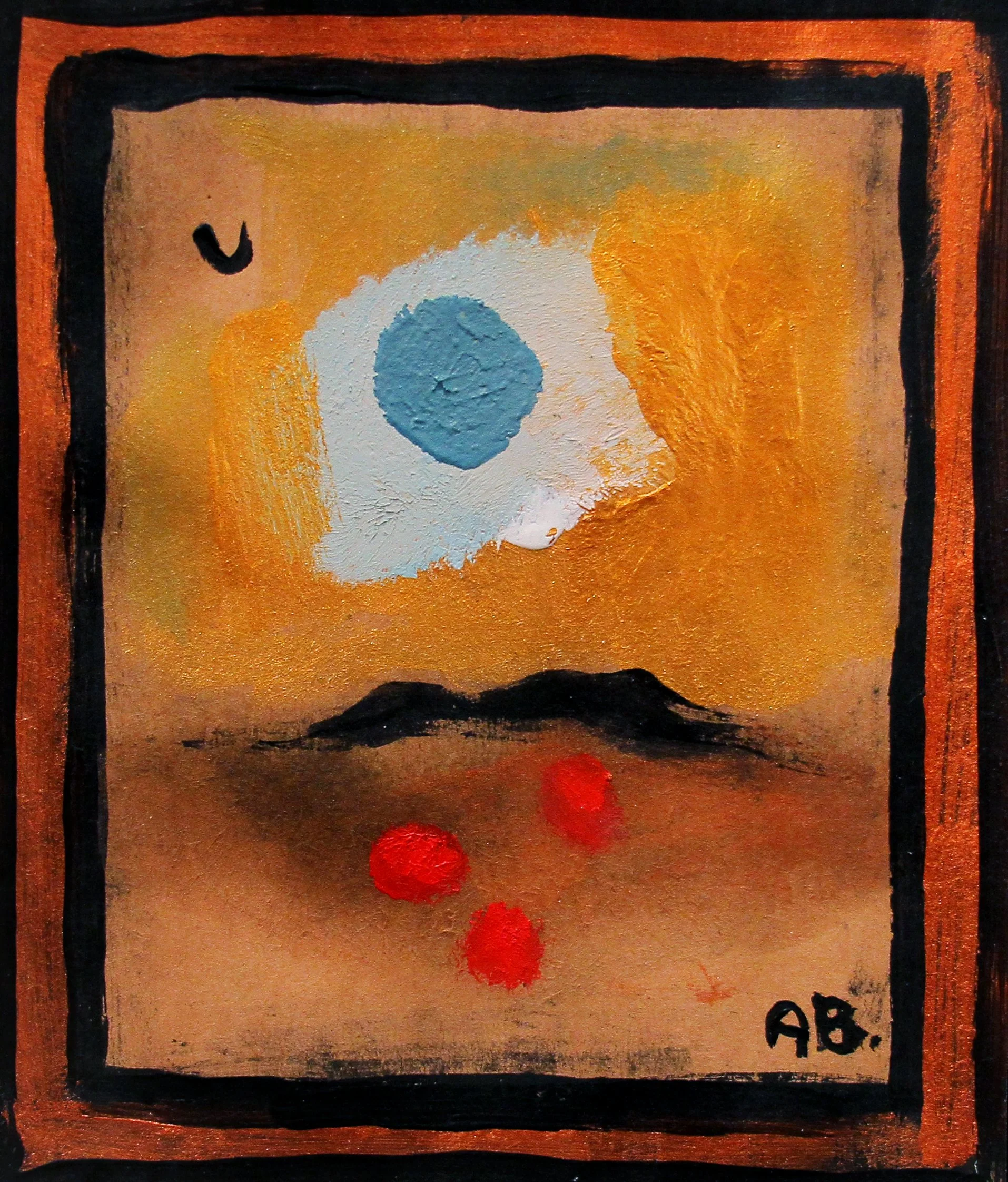Abstract landscape painting featuring a large white and blue egg-shaped object in the sky, black land formations in the distance, and three red circular shapes near the ground, with a black and orange border.