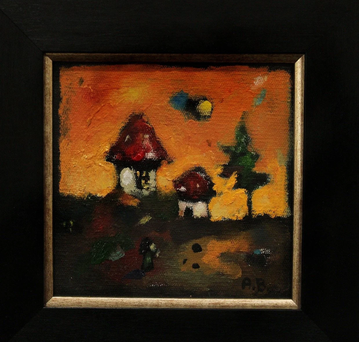 A small, colorful painting of a landscape scene at sunset with houses, trees, and a sky filled with warm orange hues.