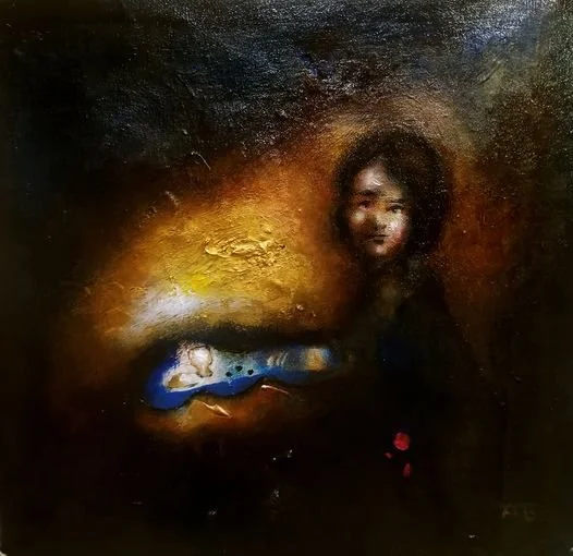 Abstract painting of a person's face with dark and warm tones, featuring a blue and white object, possibly a fish, in the lower left corner.