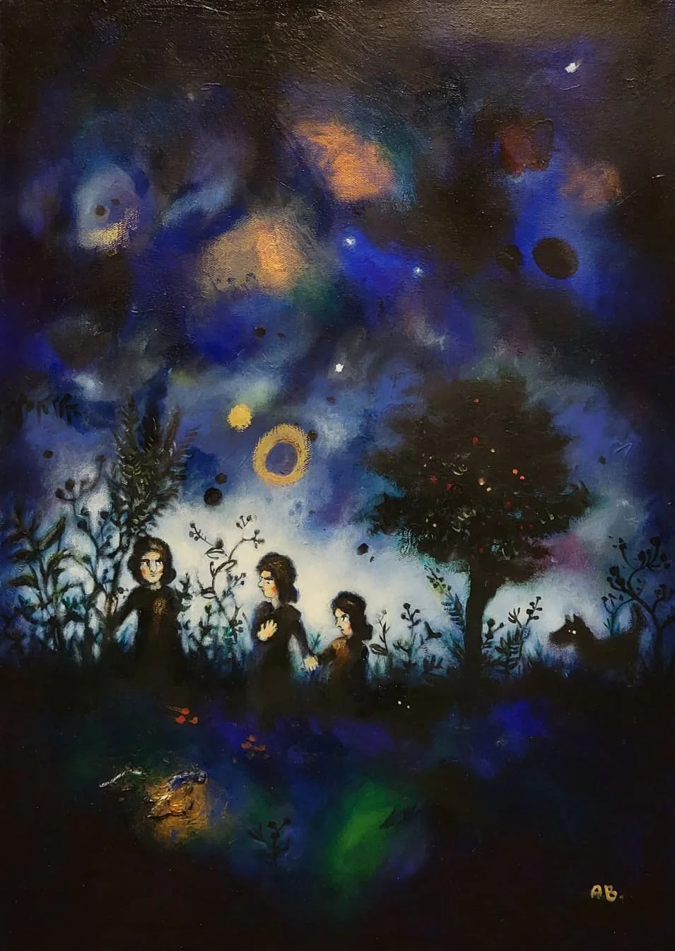A painting depicts three children walking through a dark, starry night with a few trees and plants around them. The sky is filled with colorful stars, planets, and glowing orbs, creating a mystical atmosphere.