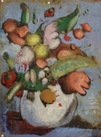 Still life painting of various fruits and vegetables in a bowl.