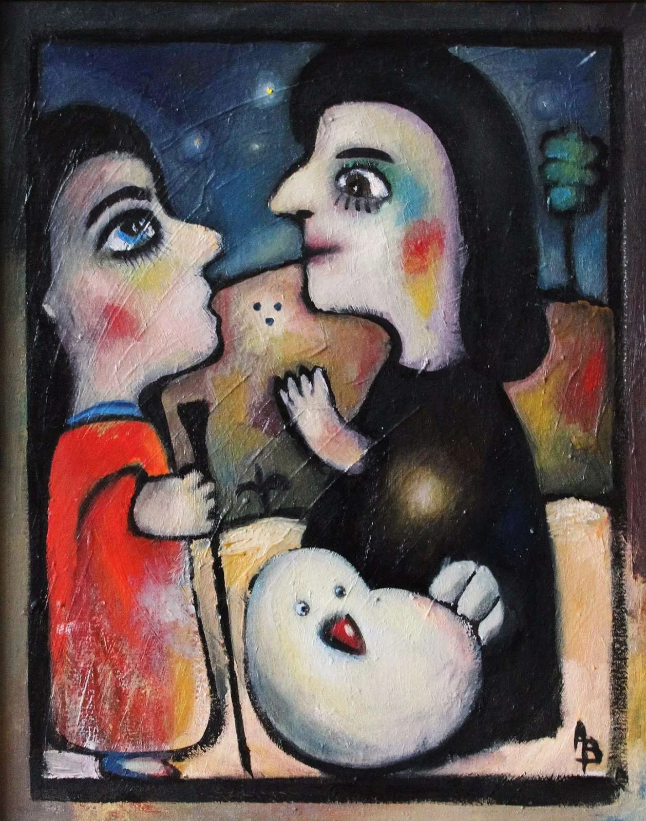 An abstract painting of two women facing each other with their noses touch, holding a drink together, with a white heart shape at the bottom and a background featuring a dark night sky with stars and a tree.