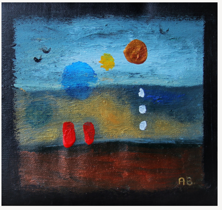 Anton Balanchivadze, abstract painting depicting a landscape with a blue sky, yellow sun, orange sun, and red boots on dark ground.