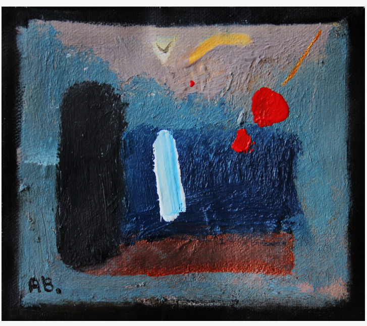 Anton Balanchivadze, abstract painting with a black vertical shape, a white streak, red splatters, and a light-colored background with a bird and a yellow arc in the sky.