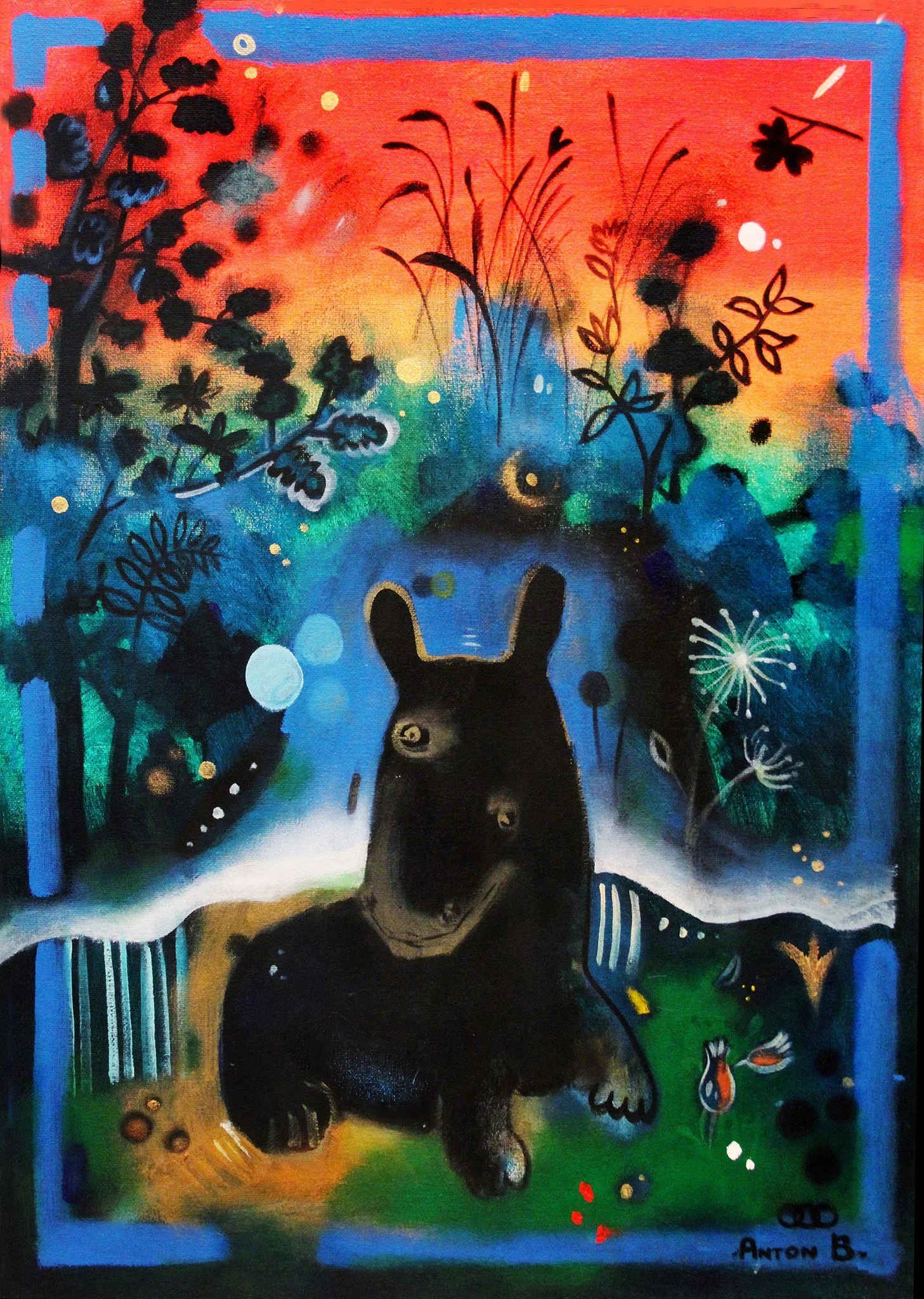 A colorful, abstract painting featuring a black rabbit with multiple eyes, surrounded by trees, plants, and a vibrant sunset sky with orange, pink, yellow, green, blue, and purple hues.
