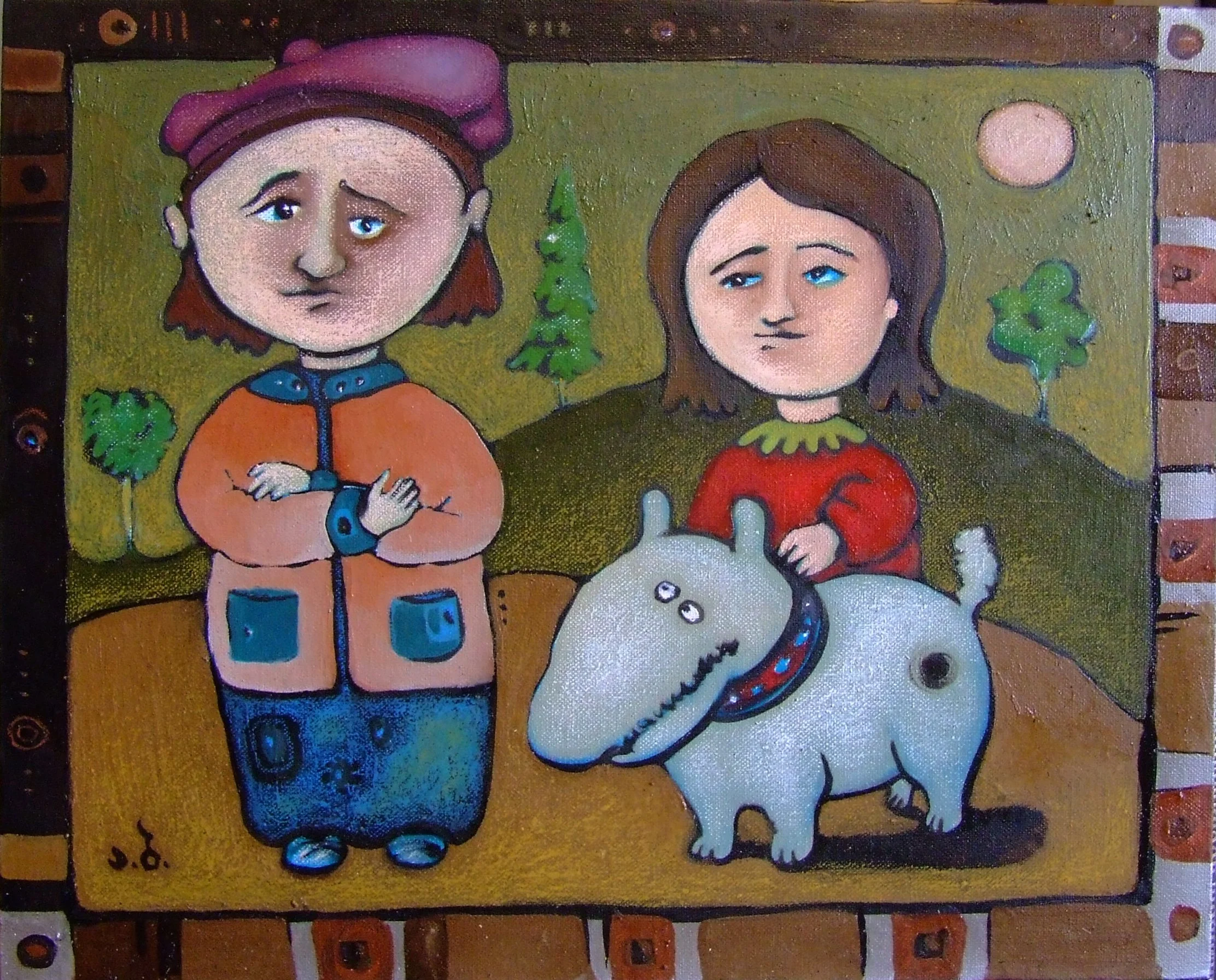A colorful painting of two women and a dog with a landscape background, including trees and hills.