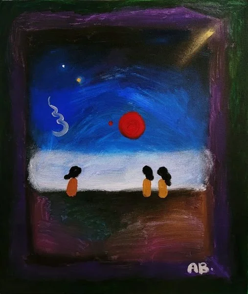 Painting of three girls sitting on the beach at dusk or dawn, looking at a colorful sky with a large red sun, a blue moon, and a shooting star, signed with initials 'AB'.