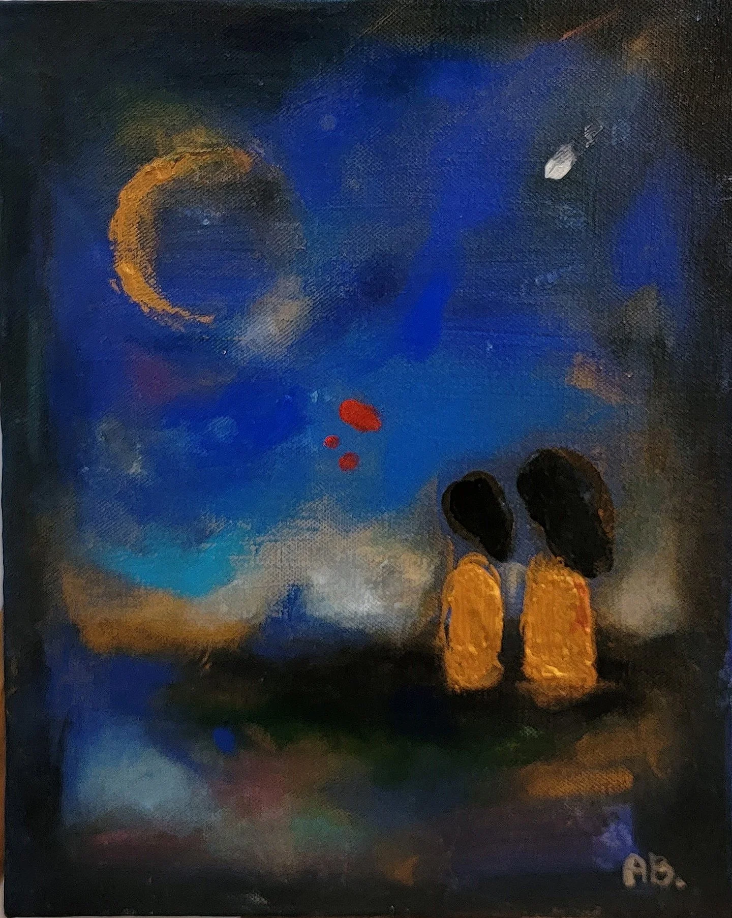 A painting showing two children, one with black hair and one with brown hair, standing close together under a dark, starry night sky with a crescent moon and a shooting star. There are red dots resembling blood near the children.