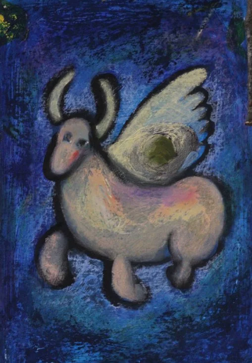 Whimsical painting of a creature with a fusion of a cow and a butterfly, featuring a cow's head with antennae, flying wings, and a pig-like body on a blue textured background.