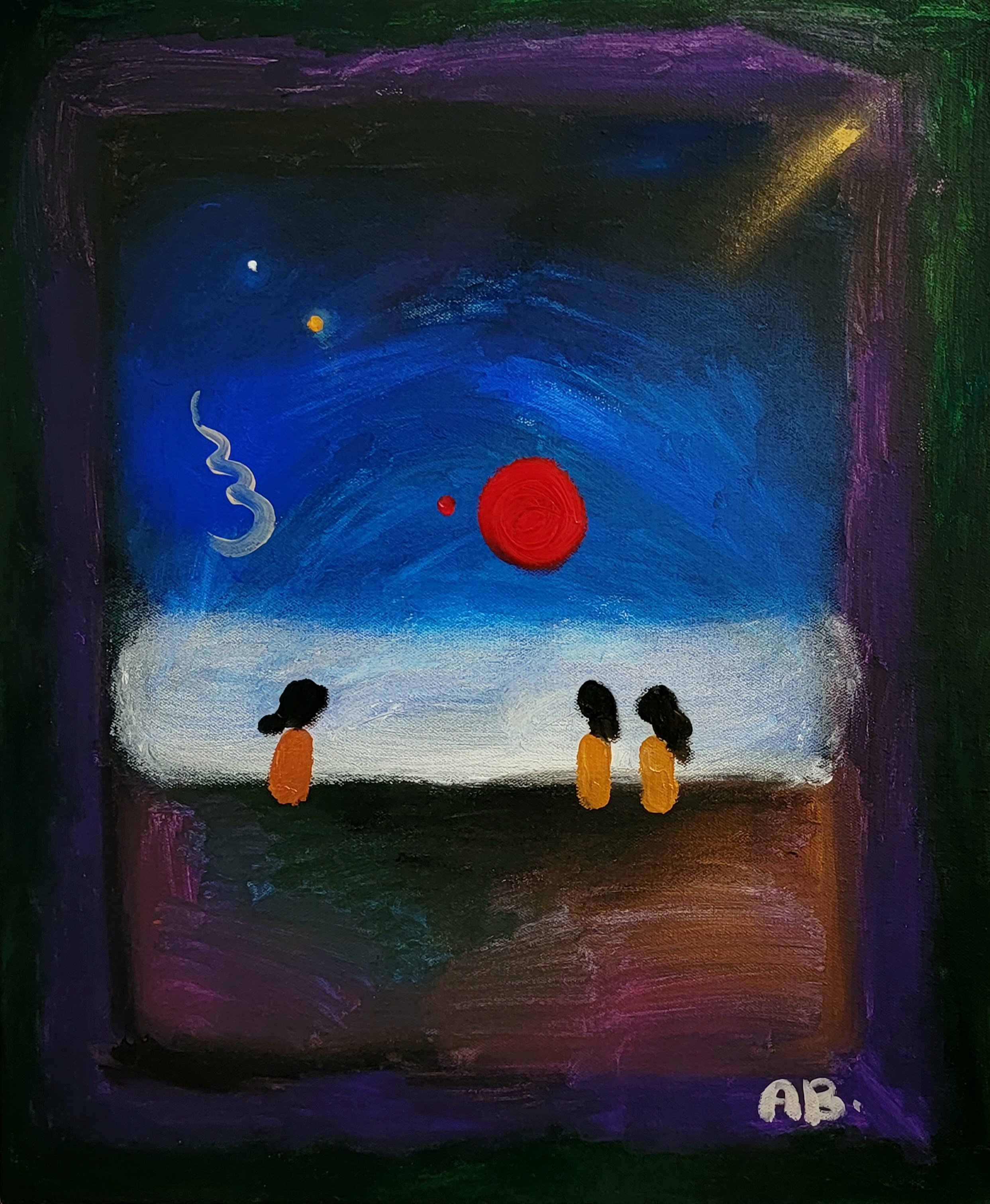 A colorful painting with three figures in orange standing on a dark ground, viewing a blue sky with planets and a red sun or planet, and swirling shapes, framed by purple and green borders, signed AB.
