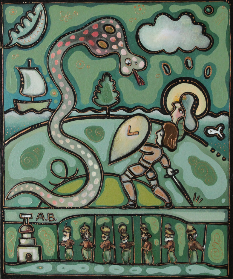 A colorful, cartoonish scene with a large snake, a knight with a sword and shield, a tree, a sailboat, clouds, the sun, and a small flock of sheep with a barn labeled 'A B' at the bottom.