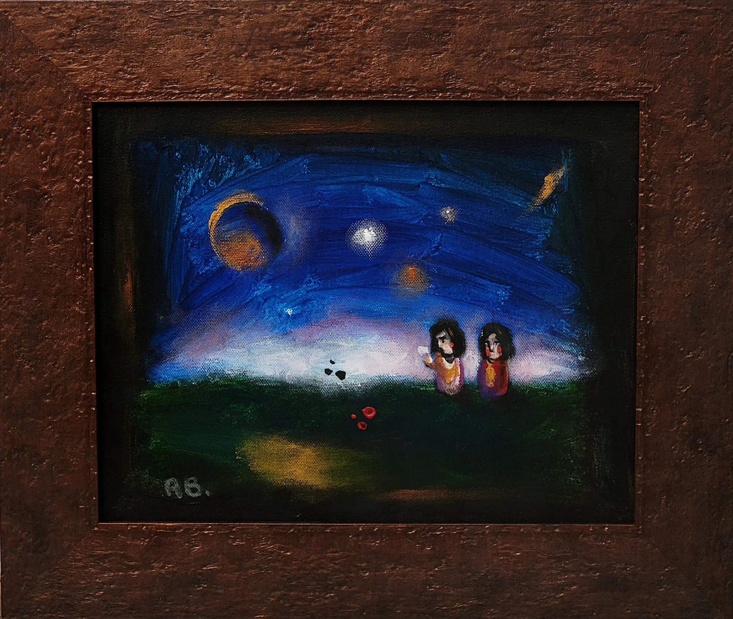 Painting of two girls sitting on grass under a starry night sky with planets and stars.