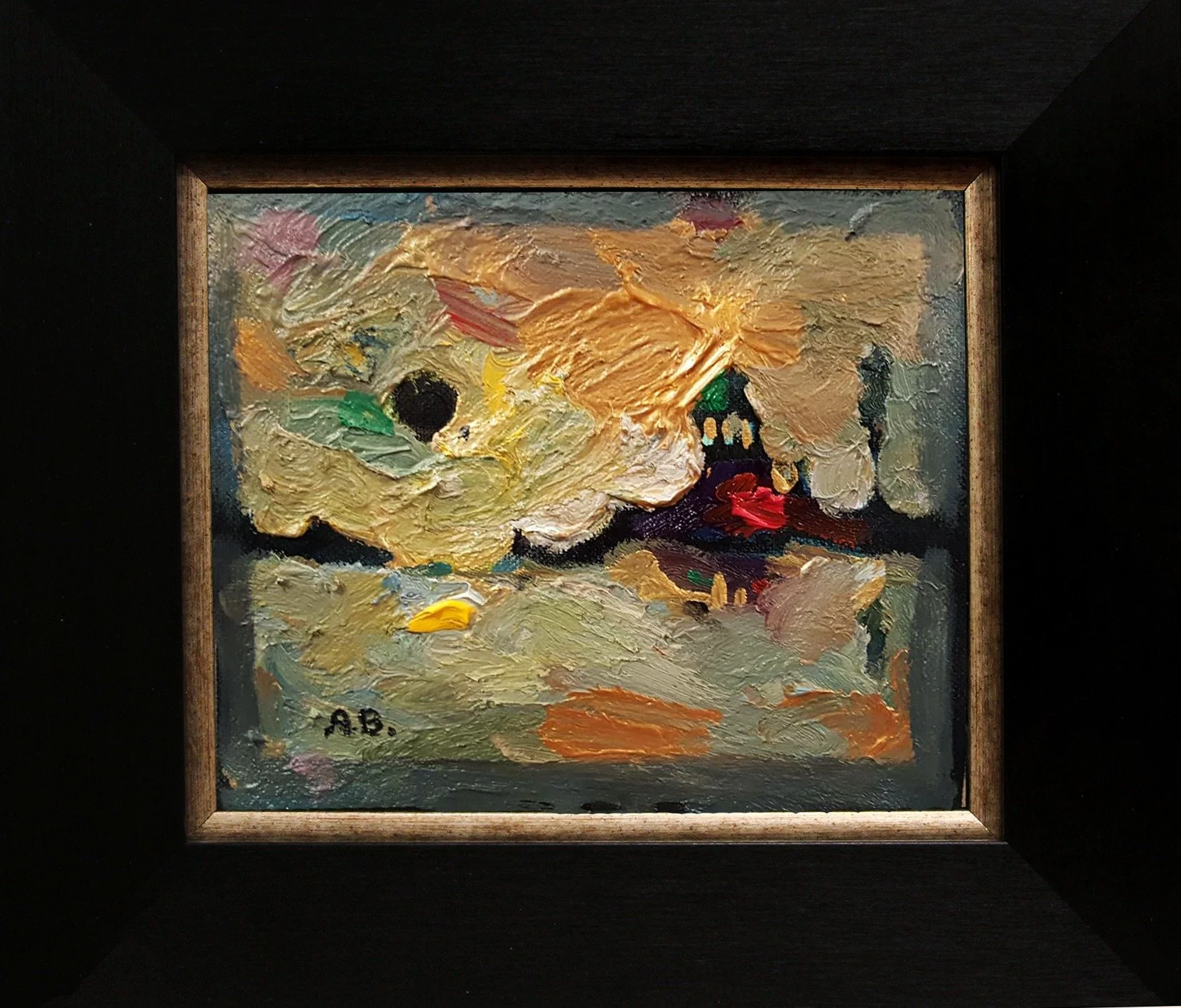Abstract oil painting with thick brushstrokes in shades of yellow, beige, green, black, red, and purple, framed in wood, signed 'A.B.' in the bottom left corner.