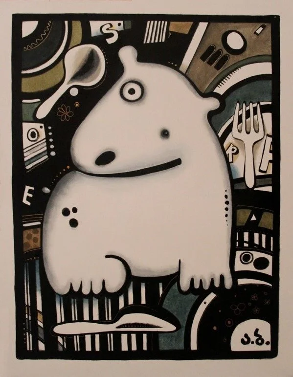 A cartoon-style illustration of a white, chubby animal with a large head, small limbs, and one big eye, sitting among abstract patterns, shapes, and utensils like a spoon and fork, with a signature "J.G." in the bottom right corner.