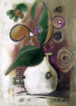 Abstract still life painting featuring a white pitcher with a swirl pattern, a large orange flower with a green leaf, various smaller circular and spiral elements, and a background of earthy tones.