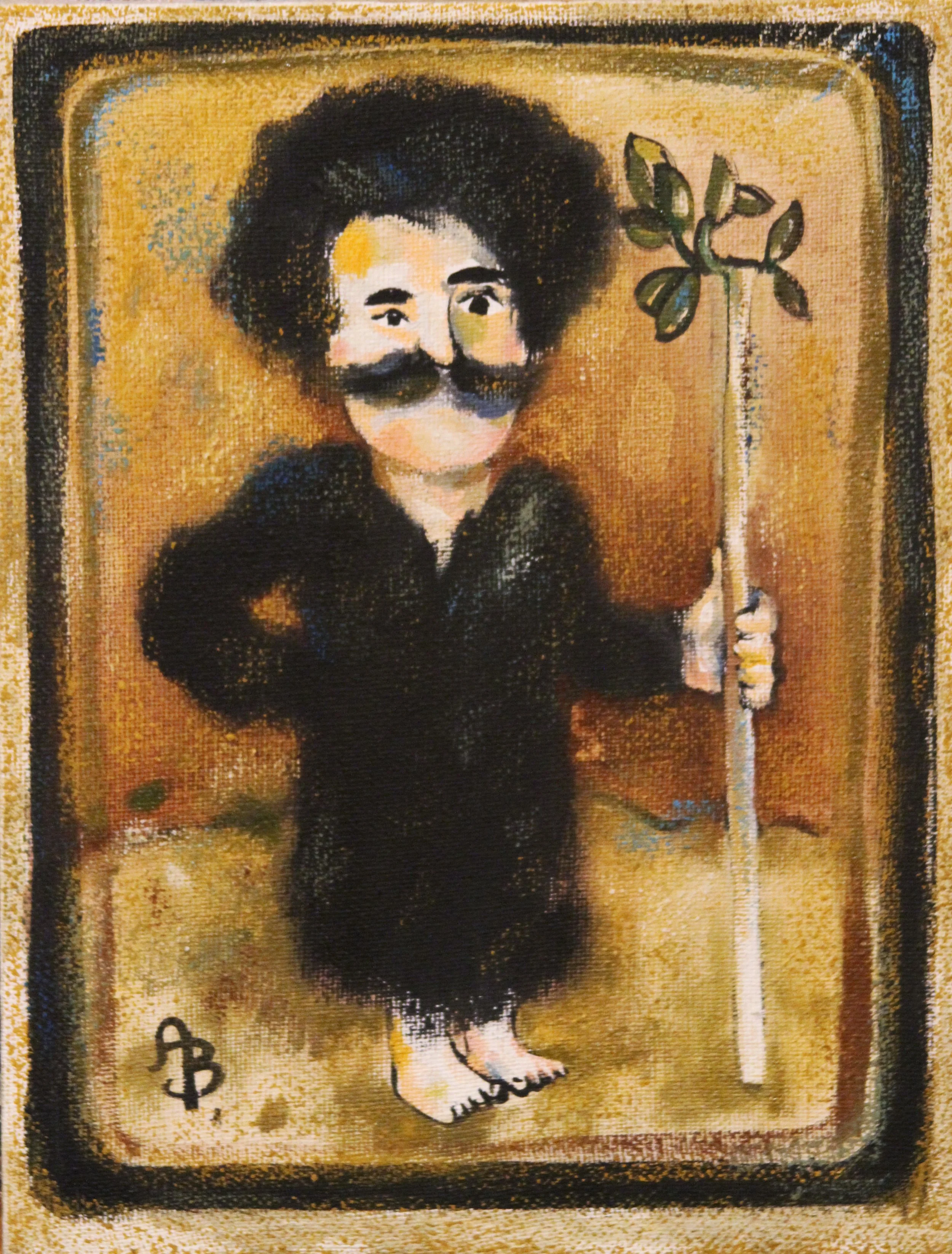 Painting of a man with a large afro hairstyle and a mustache, wearing a dark suit, standing barefoot, holding a stick with a small tree branch at the top. The background is earthy brown and tan tones.