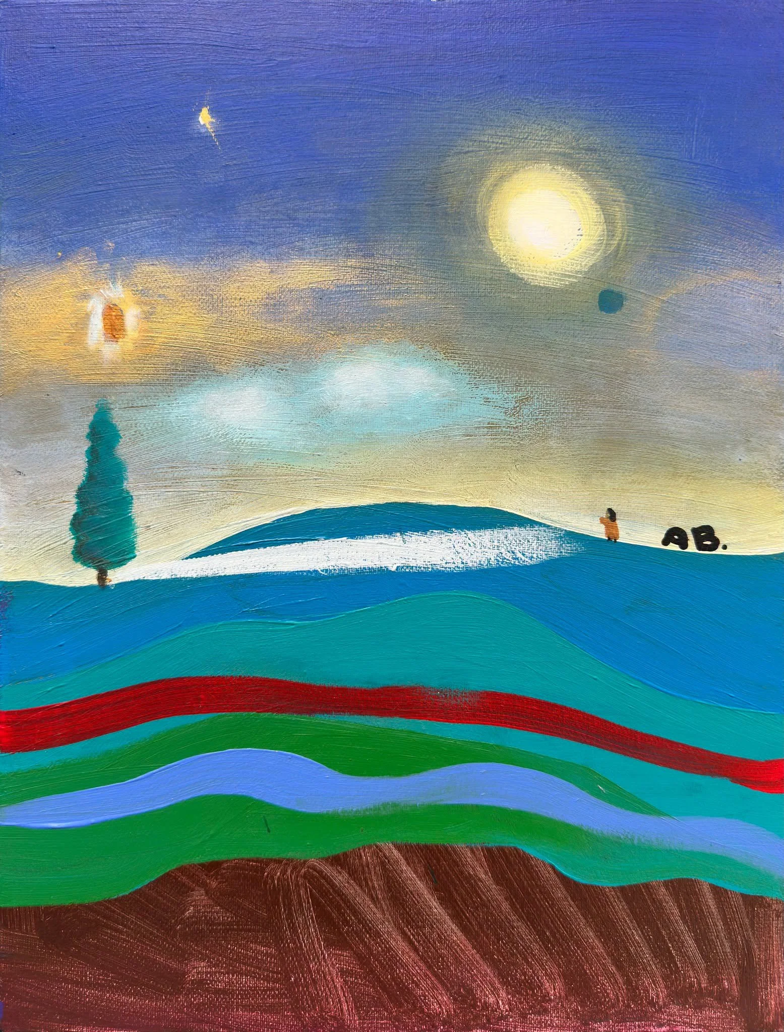 Abstract landscape with layers of color representing sky, mountains, and ground, with a bright sun and scattered clouds.
