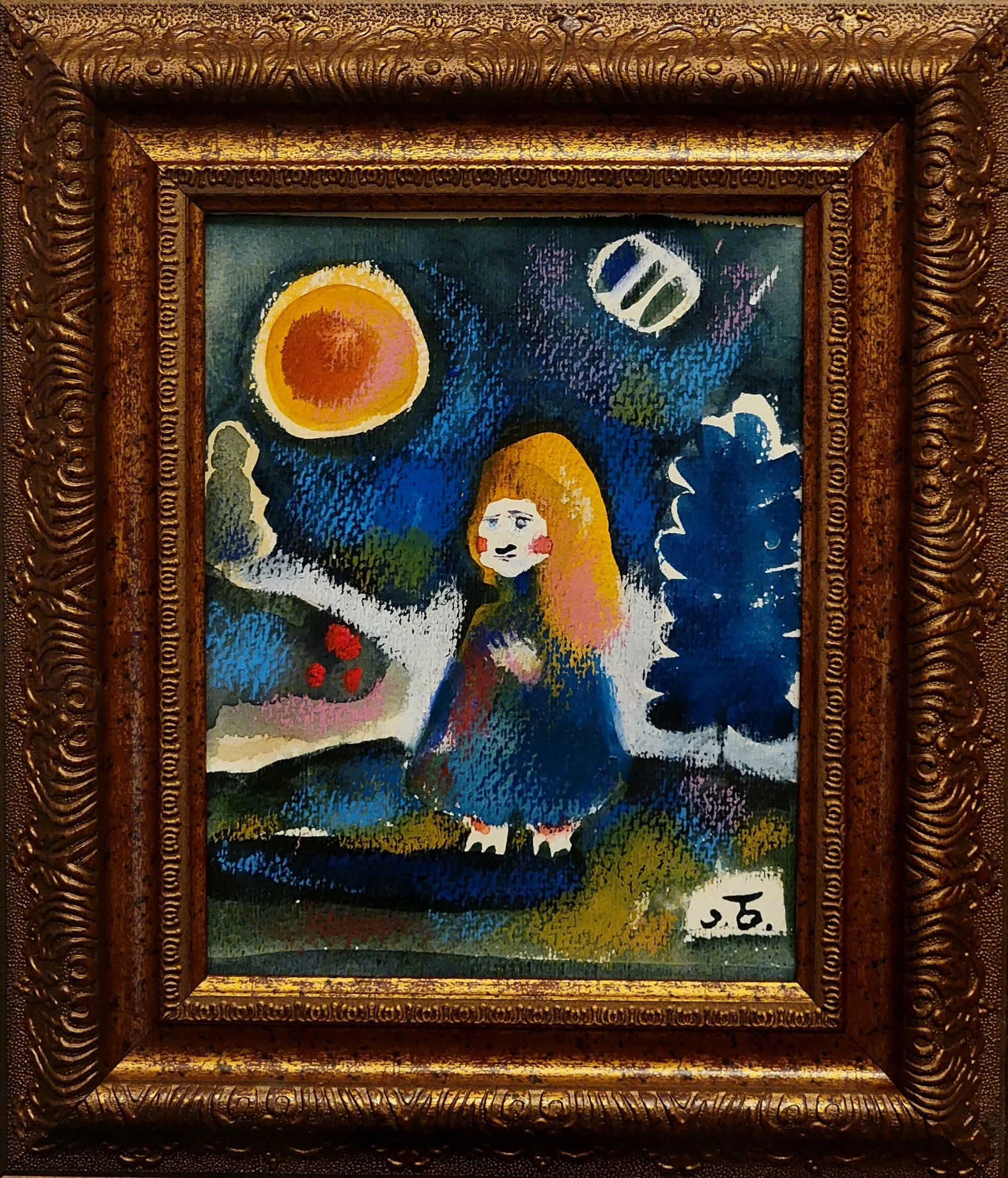 Painting of a girl with blonde hair, standing outdoors at night, with a yellow moon, clouds, trees, and a small red flower in the background, signed with initials in the bottom right corner.
