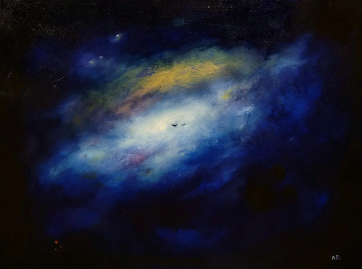 Abstract painting resembling a galaxy or nebula in space with dark background and swirling colors including blue, yellow, and white.
