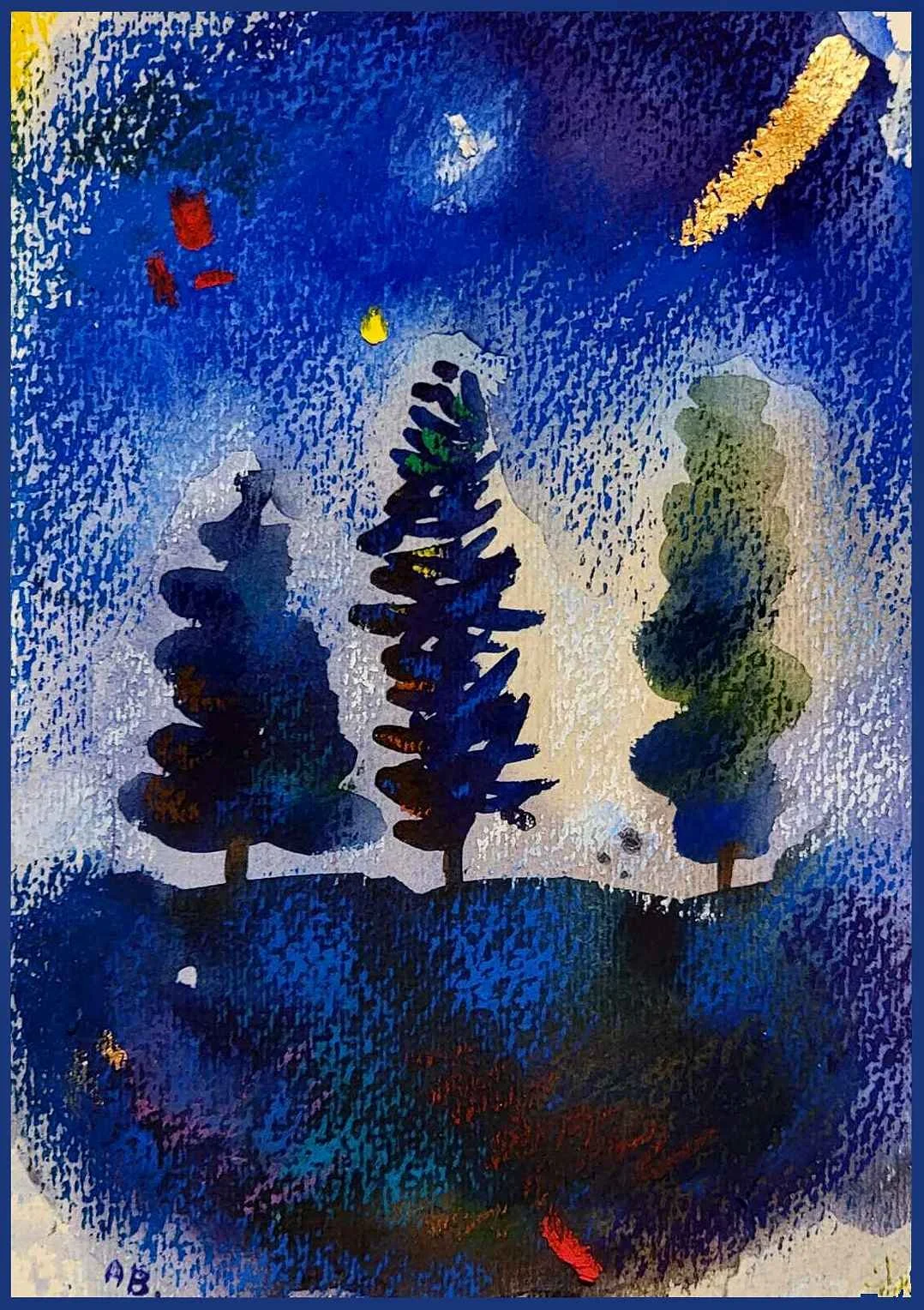 An abstract painting of three trees on a hill under a night sky, with a star, moon, and colorful shapes.