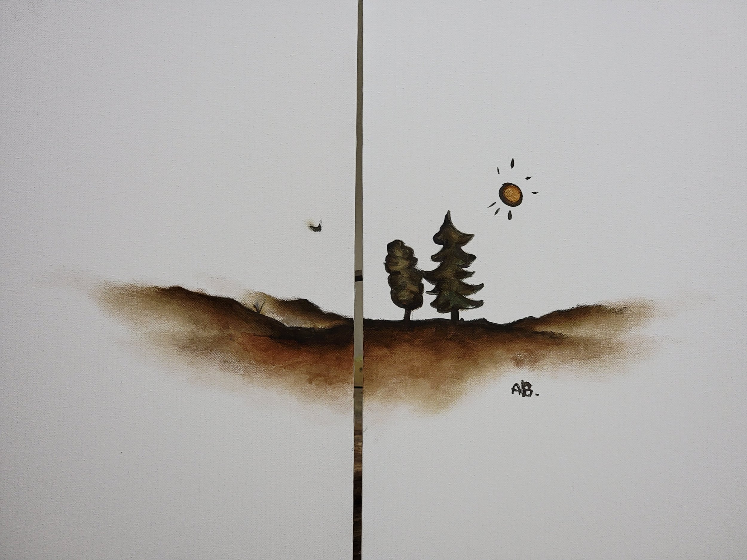 Watercolor painting of a landscape with rolling hills, two trees, a small flying bird, a shining sun, and a signature 'AB'.