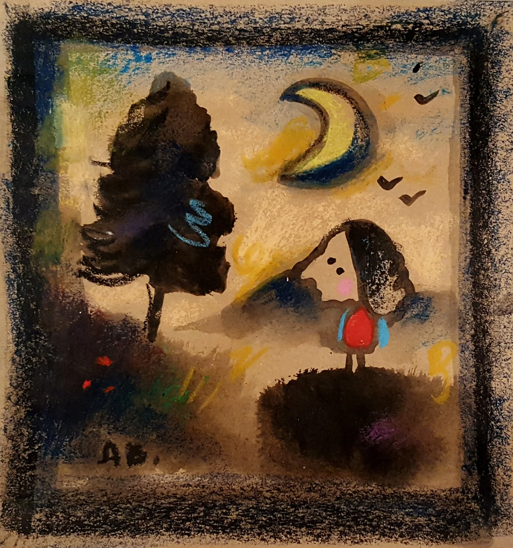 Children's drawing showing a girl with curly hair and a red dress holding a blue backpack, standing by a tree under a crescent moon and three flying birds, with storm clouds in the background.