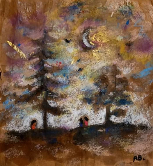 Abstract landscape painting of a contemporary artist Anton Balanchivadze with two small houses, tall pine trees, a crescent moon, and a colorful sky with clouds and birds.