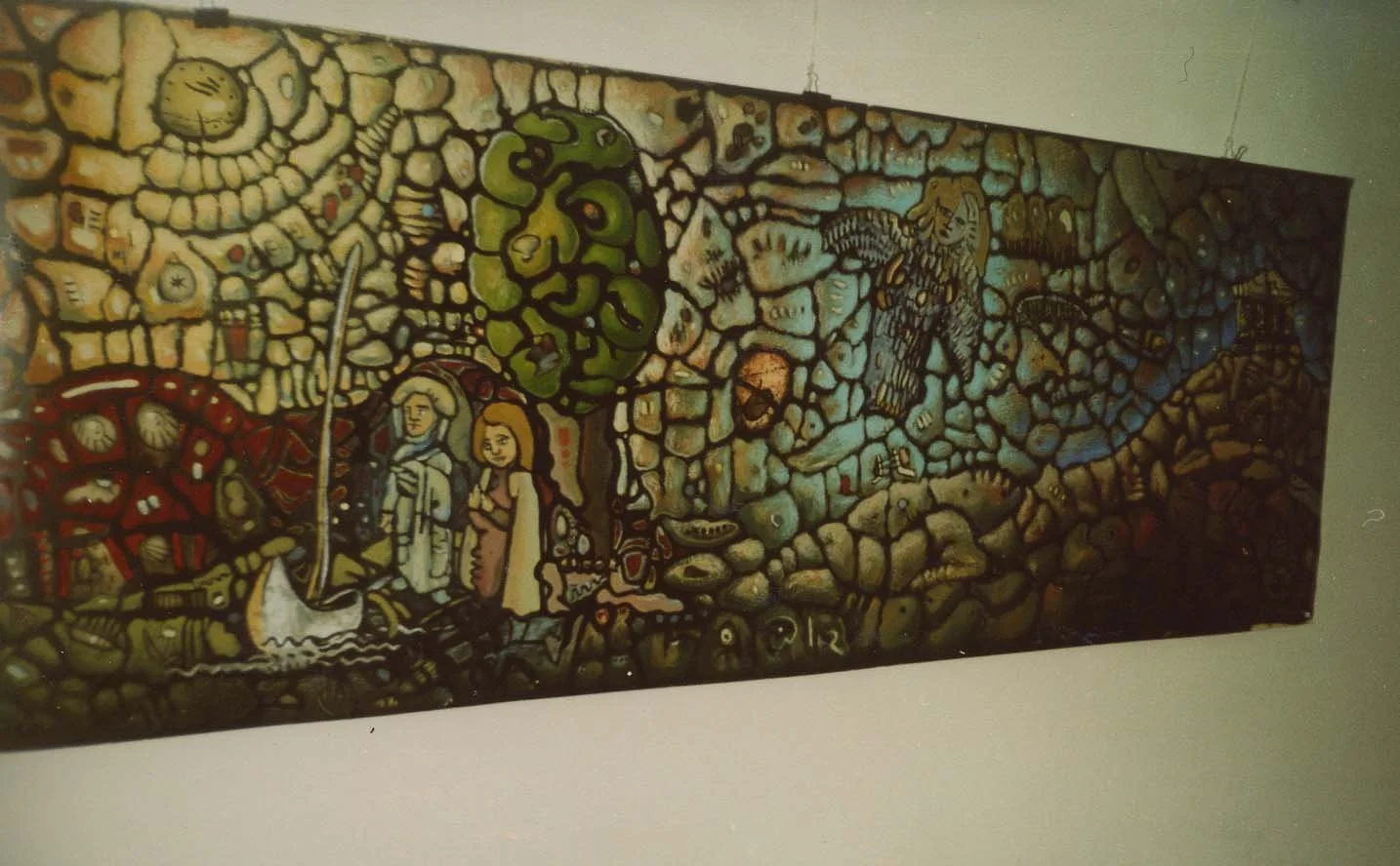 Colorful mosaic-style wall art depicting a medieval scene with two figures, a ship, a large green tree, and various abstract patterns.