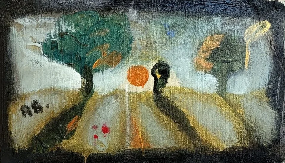 An impressionistic painting of a rural landscape at sunset. There are two trees and a pathway leading to the horizon, with the sun setting. The sky has shades of orange and blue.