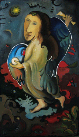 A surreal painting featuring a woman with angel wings, holding a glowing orb, surrounded by abstract and cosmic elements, with a dark background.