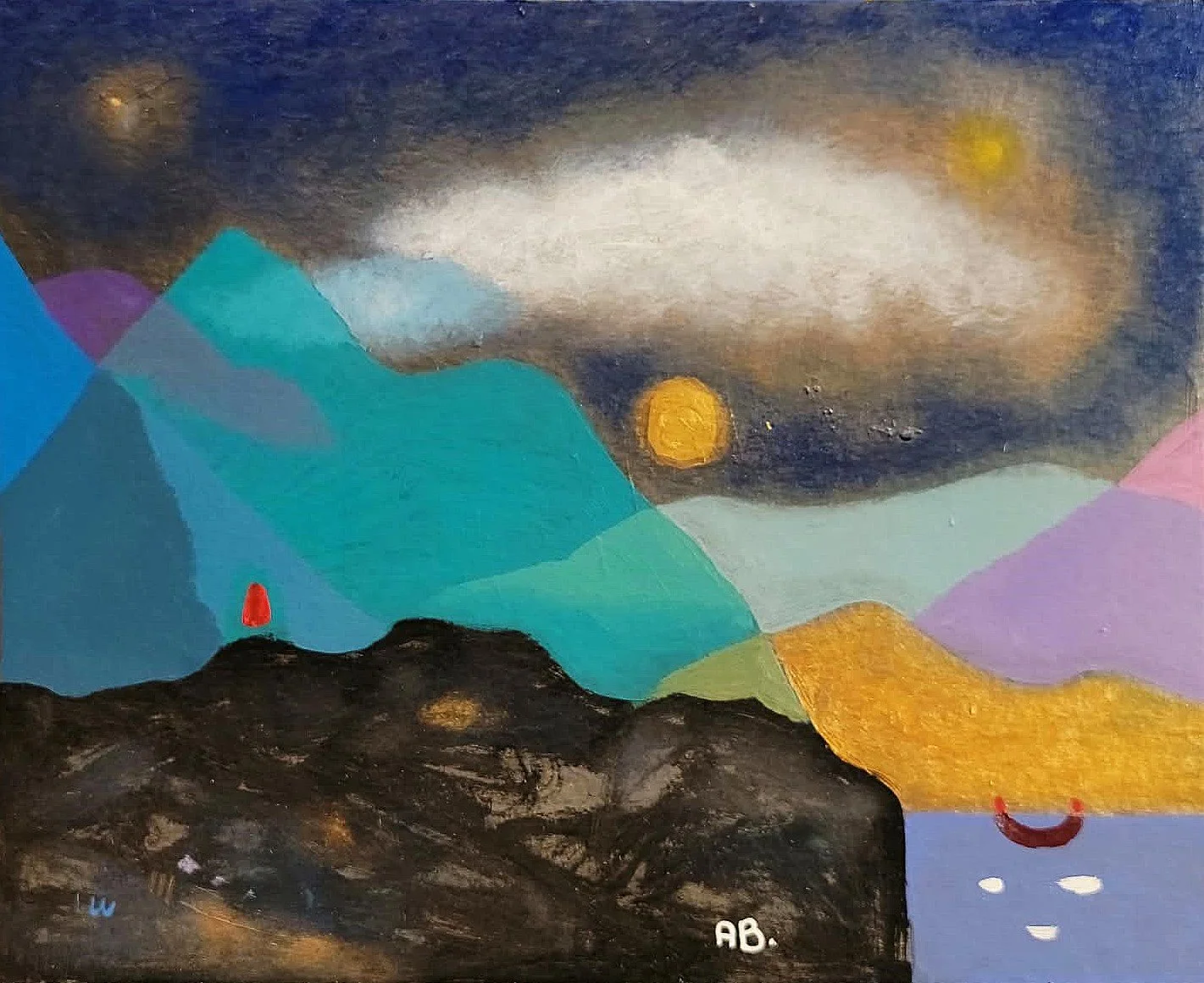 "Traveler of the Peaks" series. Anton Balanchivadze's mixed media on cardboard 2026 year painting. Abstract landscape painting featuring mountains, a dark foreground, a cloudy night sky with two yellow moons, and  a small red shape. AB