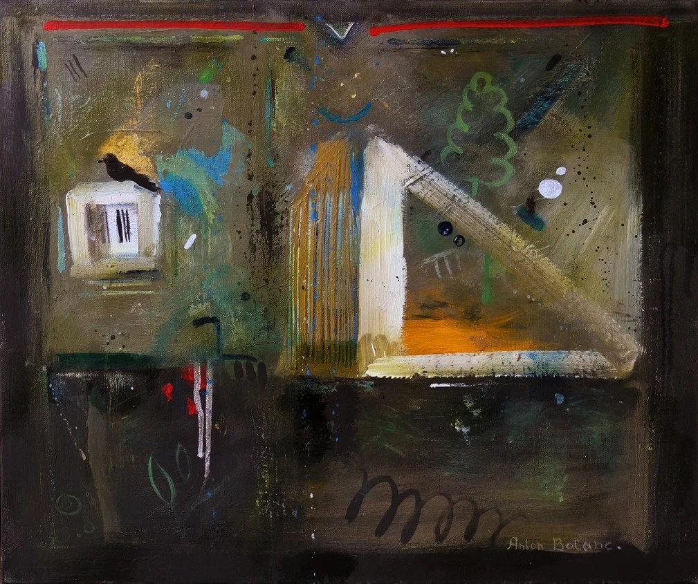 Abstract painting with various colors and shapes, including a small white square with black lines, a black bird, a green tree shape, and streaks of yellow, orange, green, and blue on a dark background.