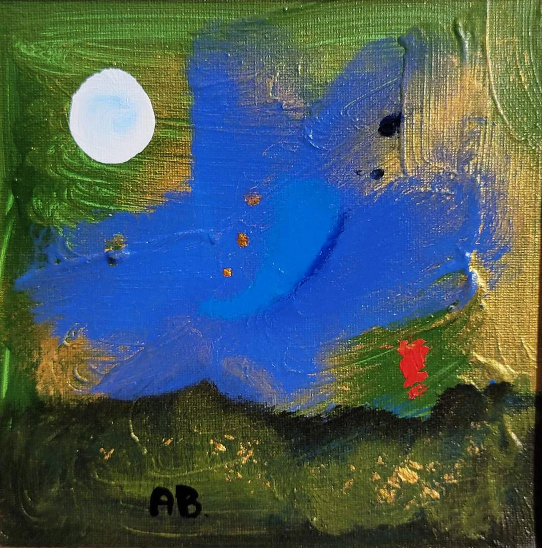 A painting of a blue butterfly with orange spots on its wings, flying near a white moon in a dark green sky with patches of gold. There are black and red markings on the ground, with the initials 'AB' in black at the bottom.