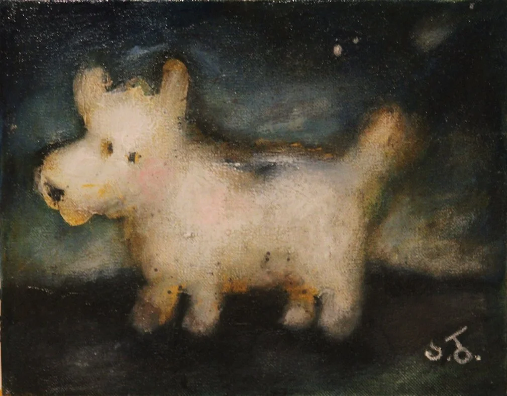 A small, fuzzy, cream-colored dog with black eyes and pink cheeks, standing on a dark surface against a dark background, with an artist's signature in the bottom right corner.