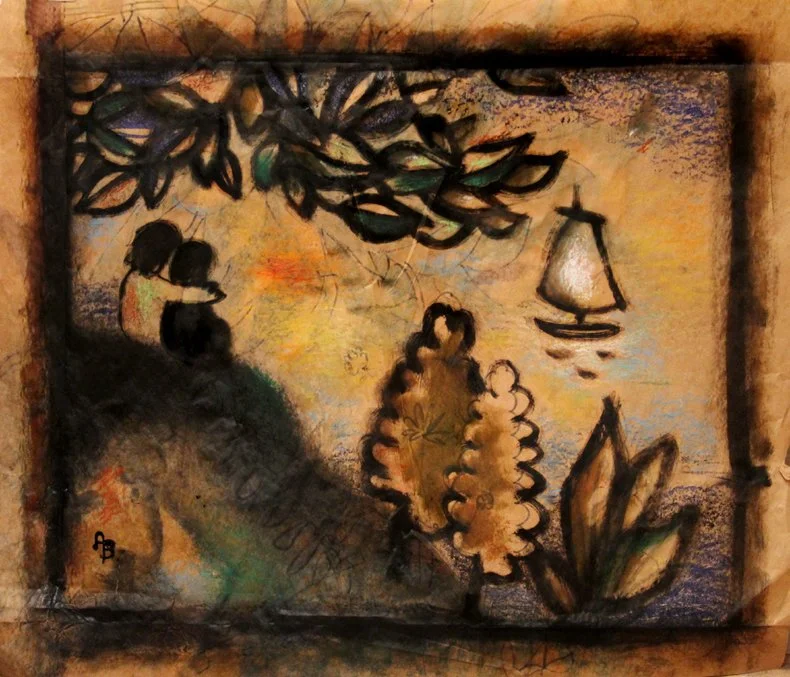 Colorful painting with abstract figures of two women sitting on a hill, a sailboat, large leaves, and a flower, framed by dark leafy branches at the top.