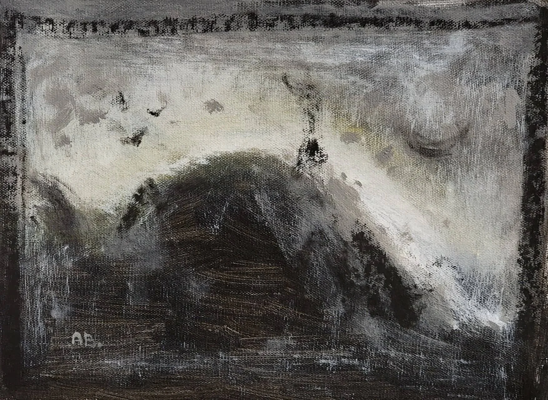 Abstract painting with dark and light shades, featuring swirling and textured patterns.