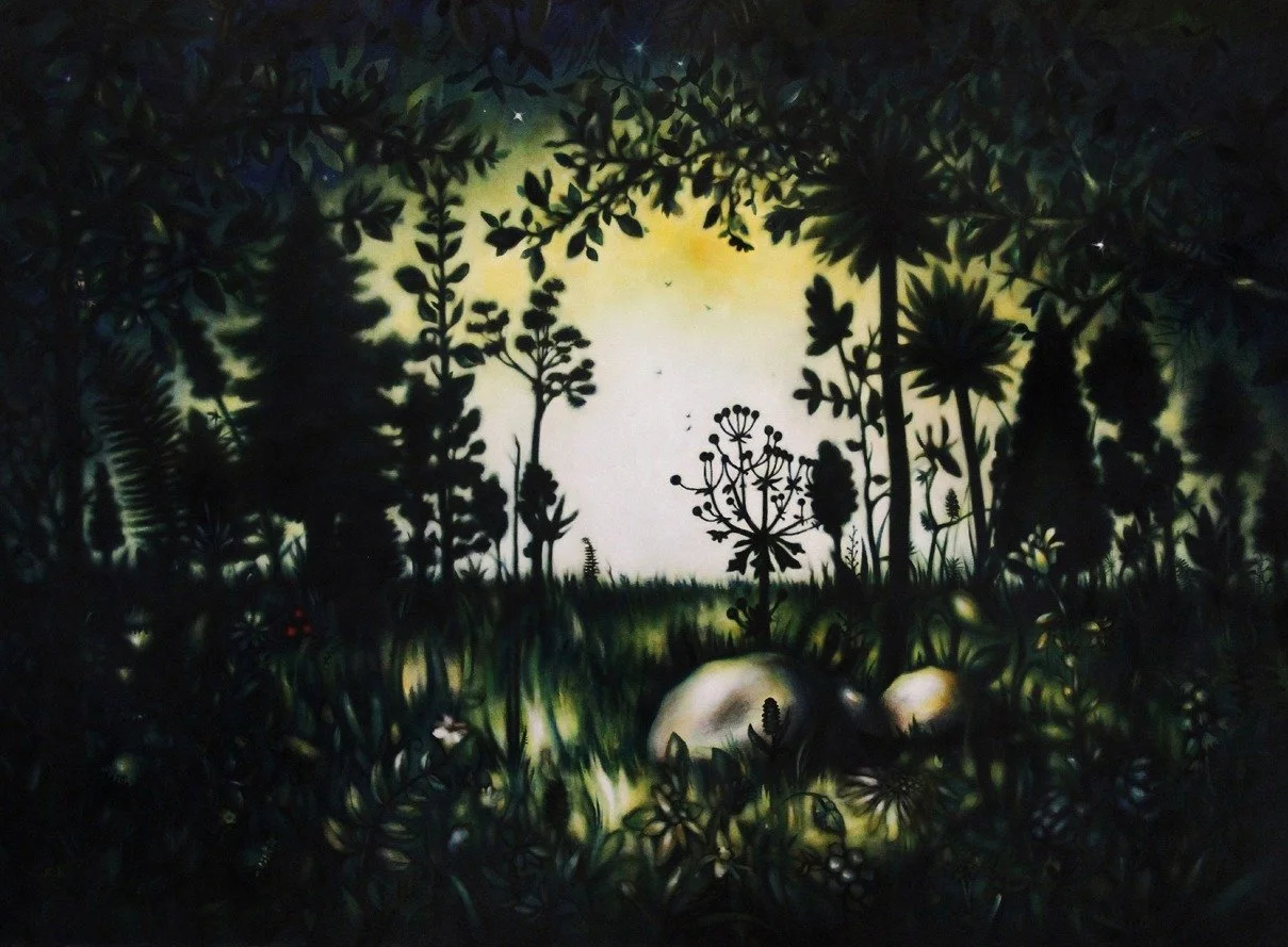 Silhouette of trees and plants in a forest at dusk or dawn with a light background.