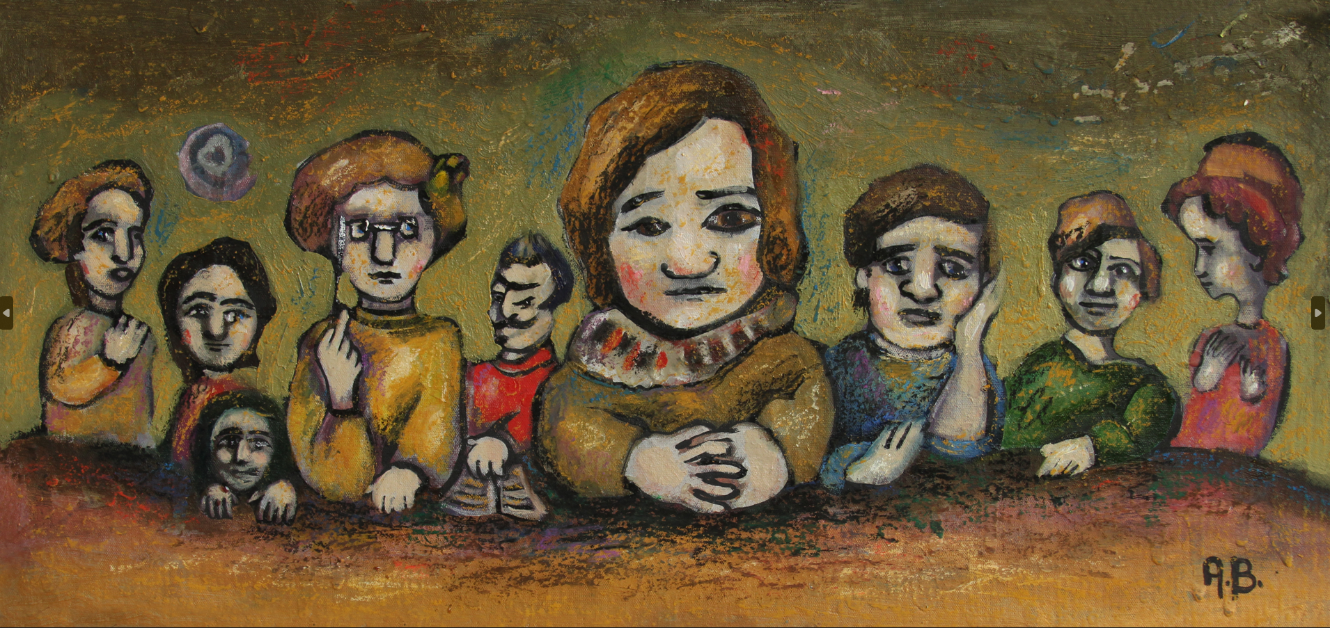 Painted artwork depicting a group of expressive, cartoonish people with varied expressions sitting behind a table, with a greenish-brown background. The central figure is a woman with brown hair, clasping her hands. Others show different poses, some 
