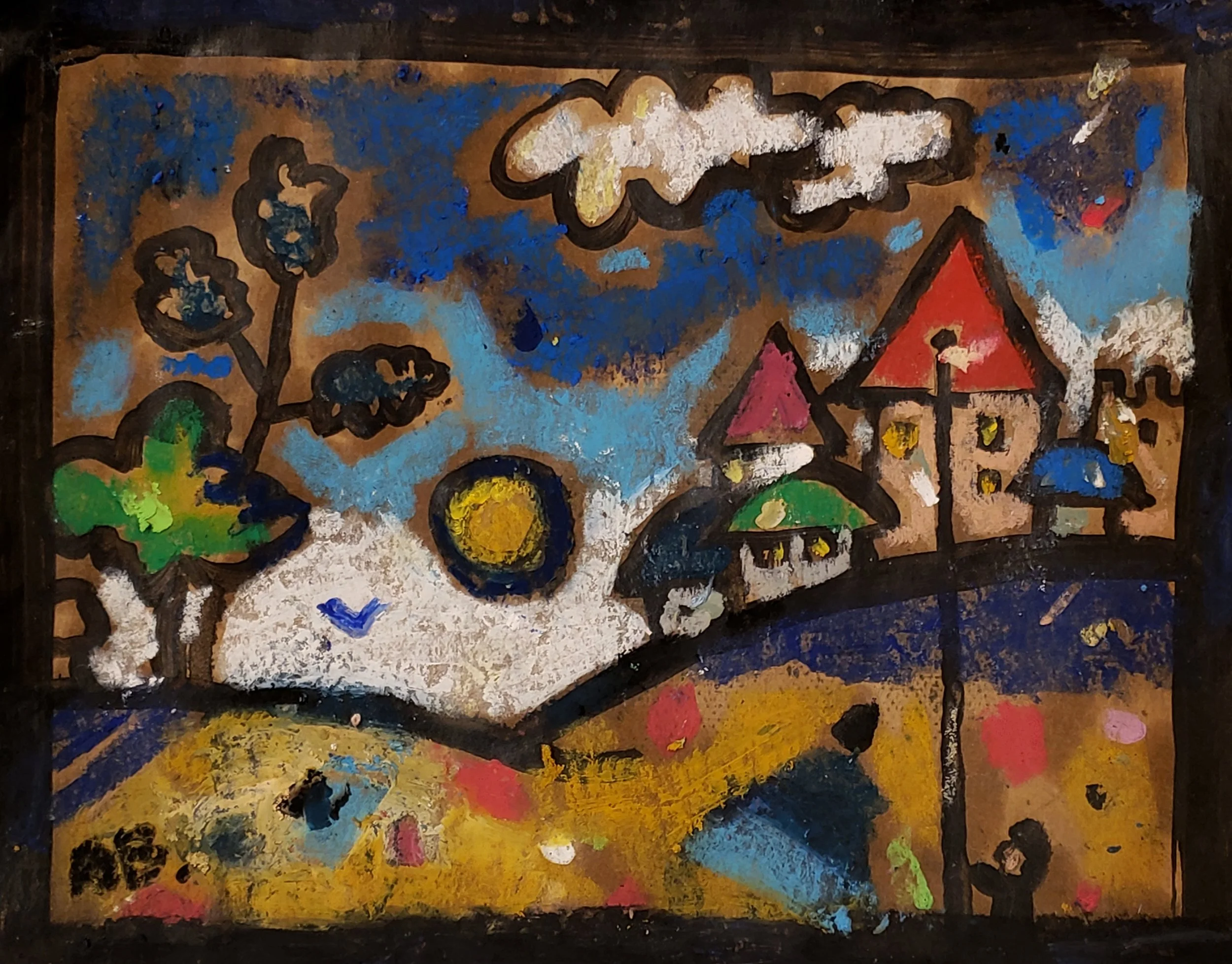 A colorful abstract painting depicting a landscape with trees, a sun, clouds, a small house with a red roof, and a person standing on the ground, using bright colors and bold black outlines.