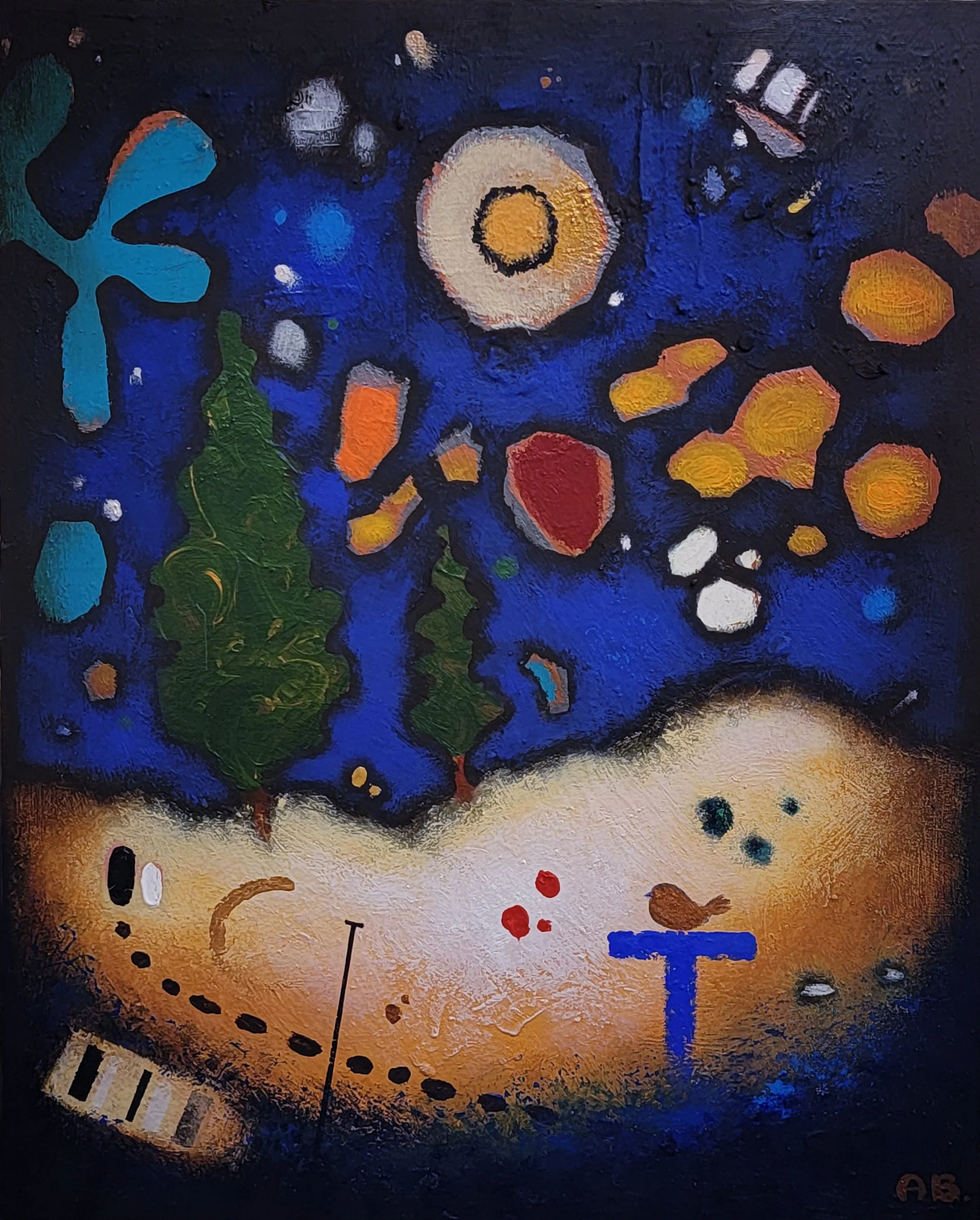 A colorful abstract painting of a contemporary artist Anton Balanchivadze featuring a blue starry sky with a large white moon, bright yellow and red geometric shapes, green trees, and musical notes on a sandy ground with abstract symbols.