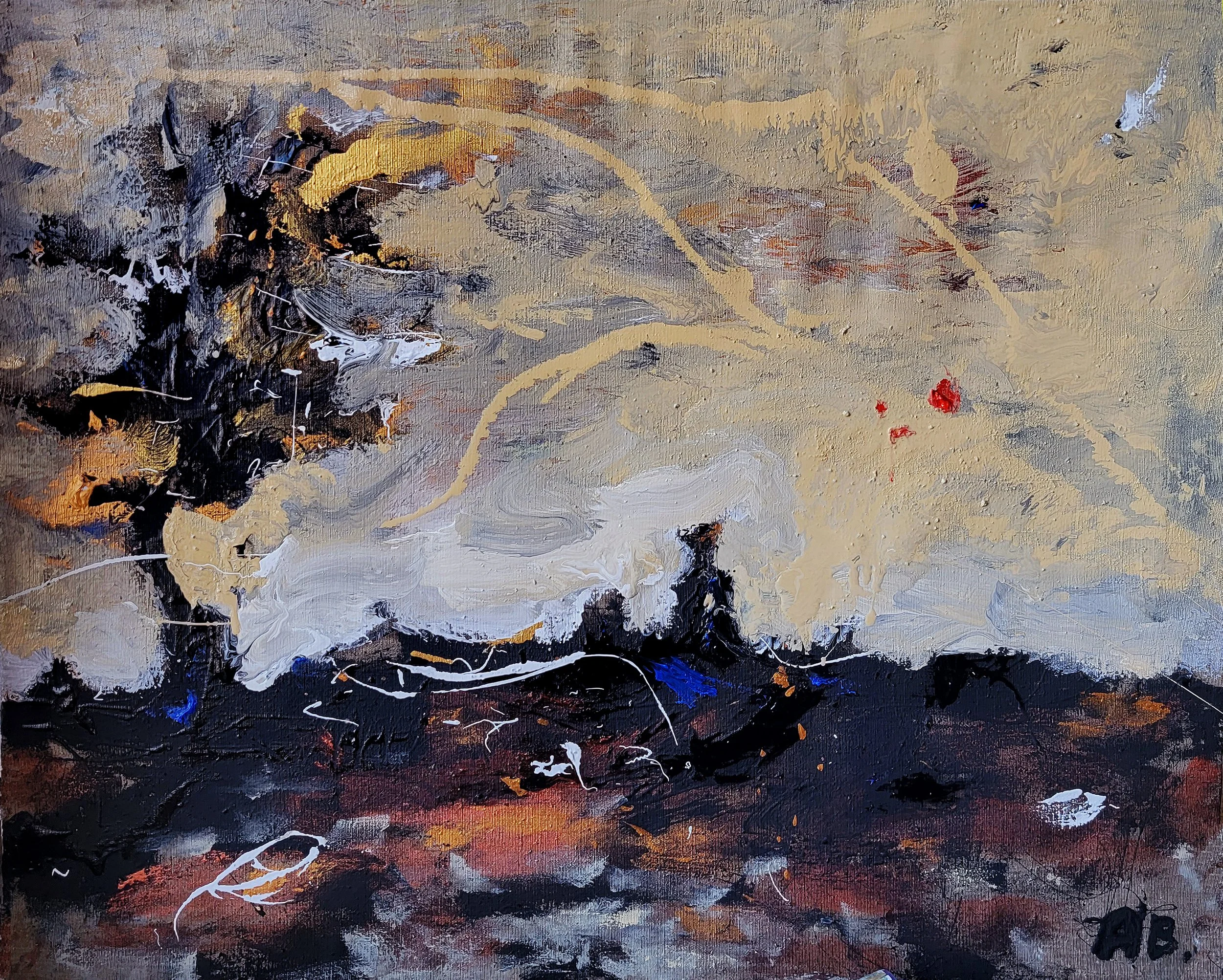 Abstract landscape painting with dark, black, white, beige, orange, and red colors, featuring a forest or trees on the left and a sky with clouds and red spots.