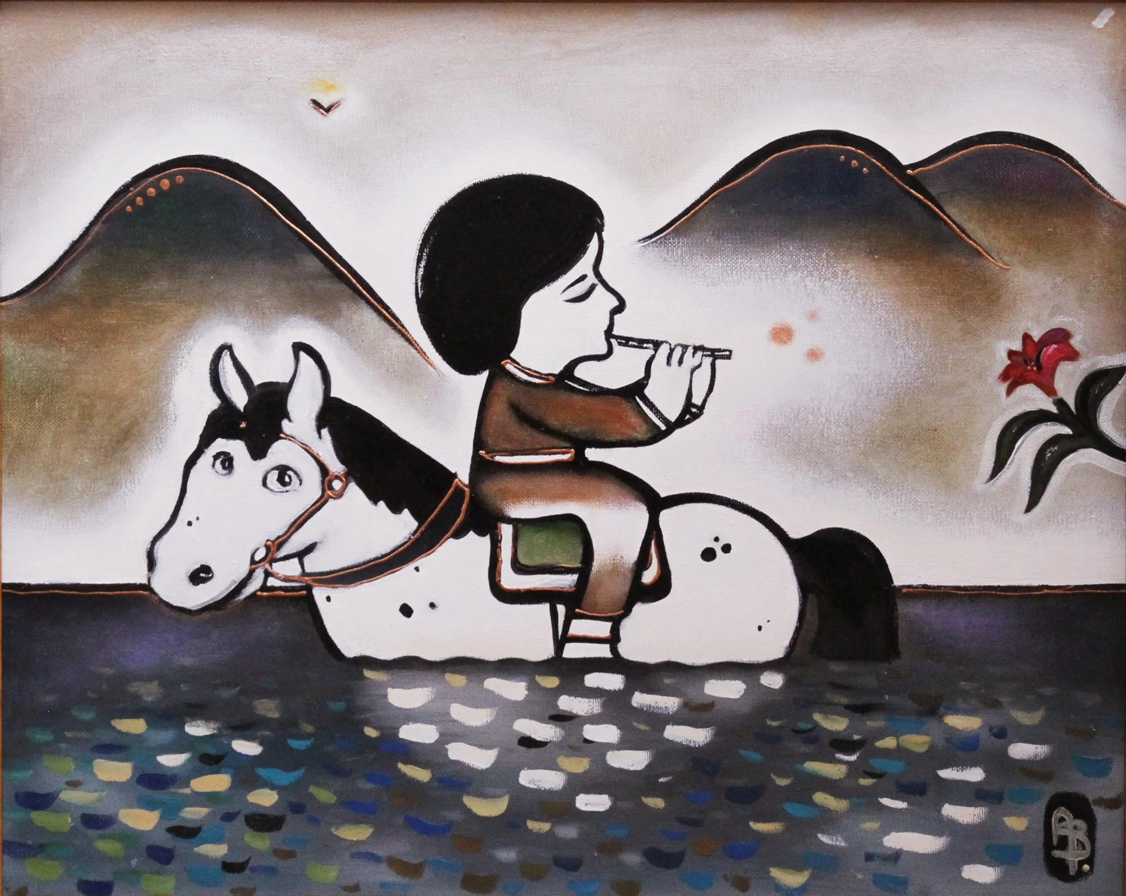 A painting of a person riding a horse through water, playing a flute. In the background, there are mountains and a small bird flying in the sky. A red lily flower is on the right side of the image.