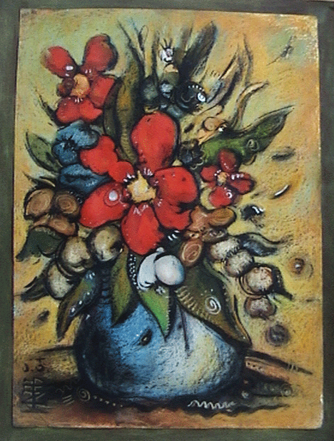 A colorful abstract painting of flowers in a blue vase with a beige background.