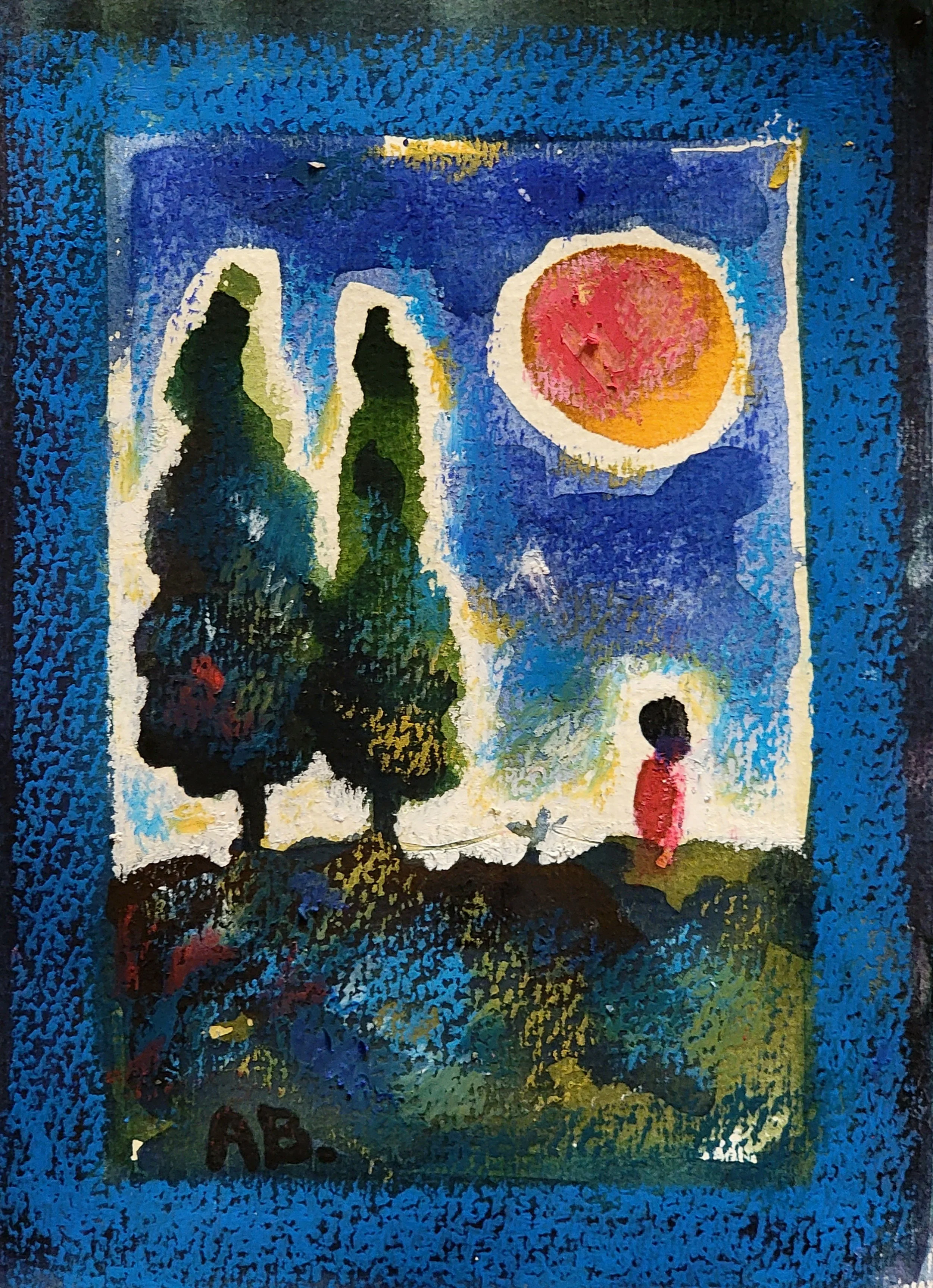 A colorful painting depicting a landscape with two tall green trees, a bright orange and red sun, a person standing on the grass, and a small winged insect near the ground, all framed by a blue textured border.