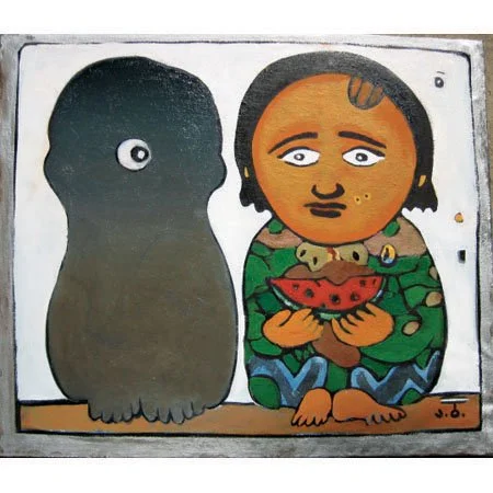 A mural showcasing a person with dark hair and tan skin holding a watermelon slice, sitting next to a large black animal with a single eye, painted in a colorful, cartoonish style.